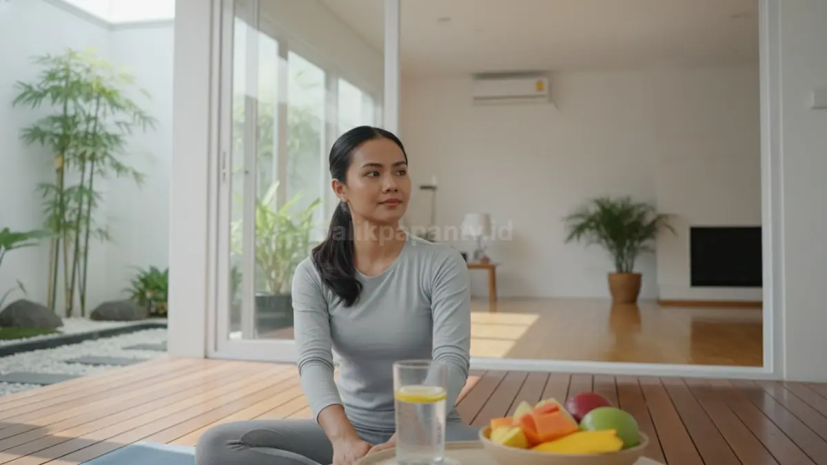 Seseorang memulai hari dengan kebiasaan sehat sederhana dan konsisten.
