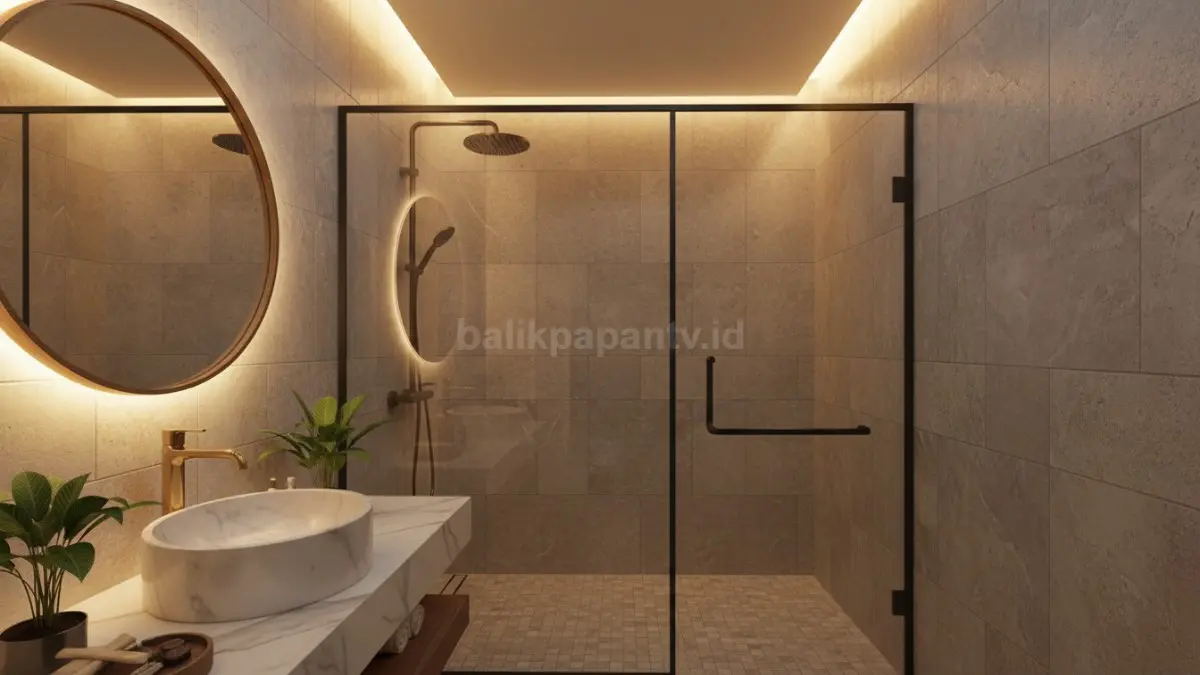 Shower area estetik dengan partisi kaca frameless dan pencahayaan hangat yang nyaman.(BTV/Ai)