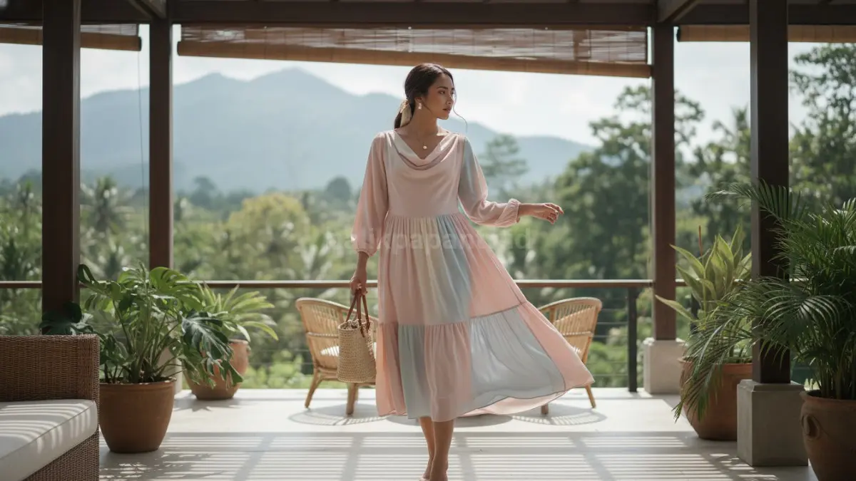Soft Feminine Dress warna pastel tampil elegan dan nyaman untuk berbagai aktivitas harian.   (BTV/AI) 
