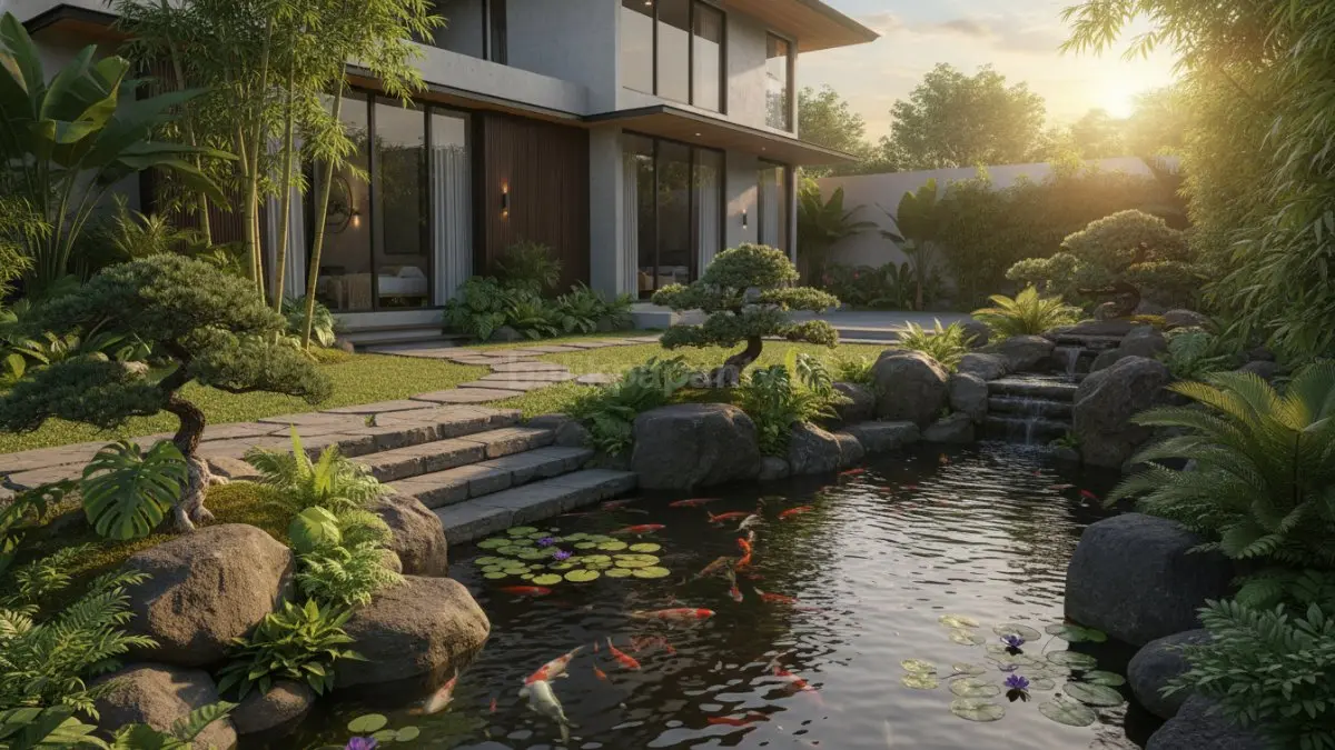 Taman kecil dan kolam ikan Jepang berpadu dengan elemen batu alam dan tanaman hijau.
