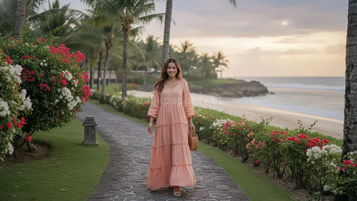 Tiered dress longgar menghadirkan kenyamanan maksimal dengan tampilan dinamis untuk liburan dan outdoor.  (BTV/AI) 
