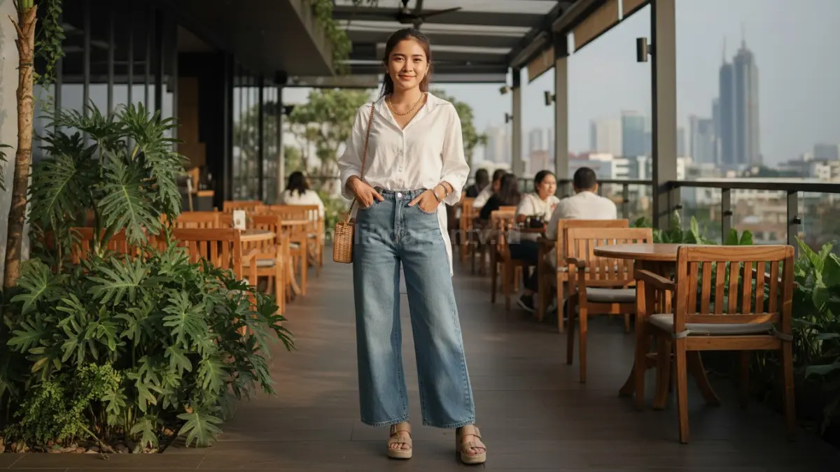 Wide-leg pants denim tampil kasual modern, mudah dipadukan, cocok untuk aktivitas akhir pekan.  (BTV/AI) 
