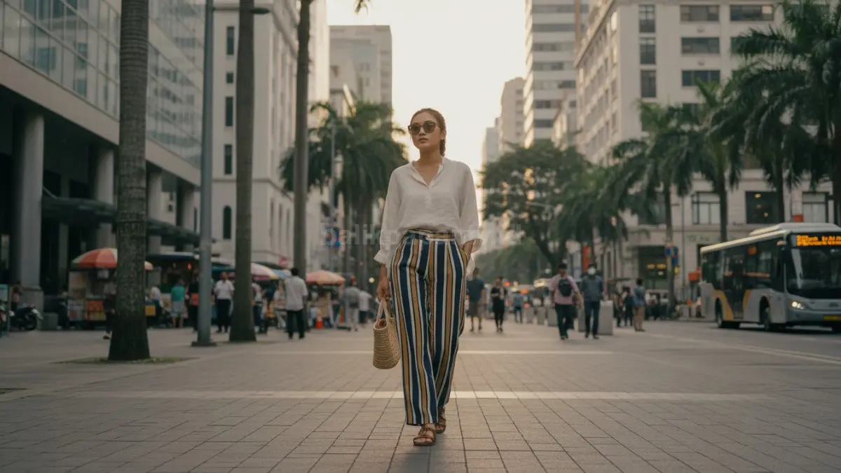Wide-leg pants garis vertikal memberi kesan proporsional, modern, dan menarik dipandang sehari-hari.  (BTV/AI) 
