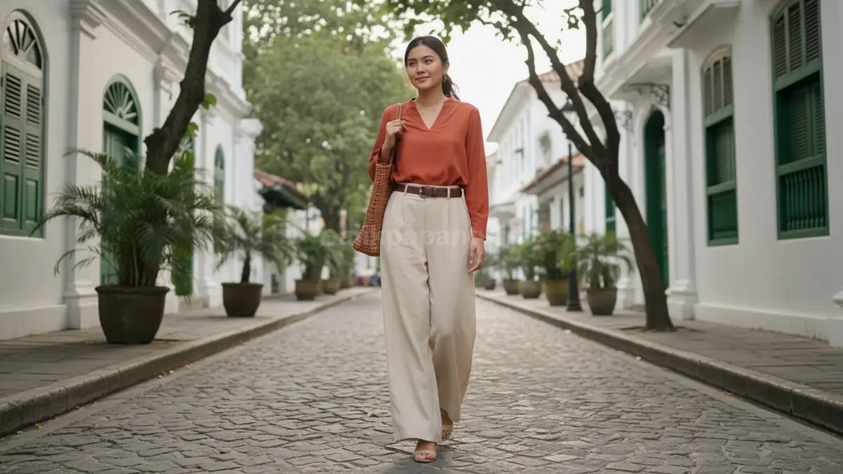 Wide-leg pants high waist menciptakan proporsi seimbang, nyaman, profesional, cocok untuk aktivitas harian.  (BTV/AI) 
