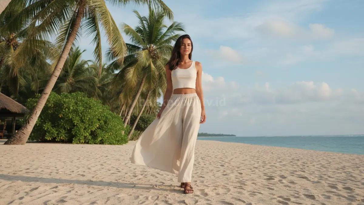 Wide-leg pants linen ringan, sejuk, bernuansa natural, ideal untuk cuaca tropis sepanjang hari.  (BTV/AI) 
