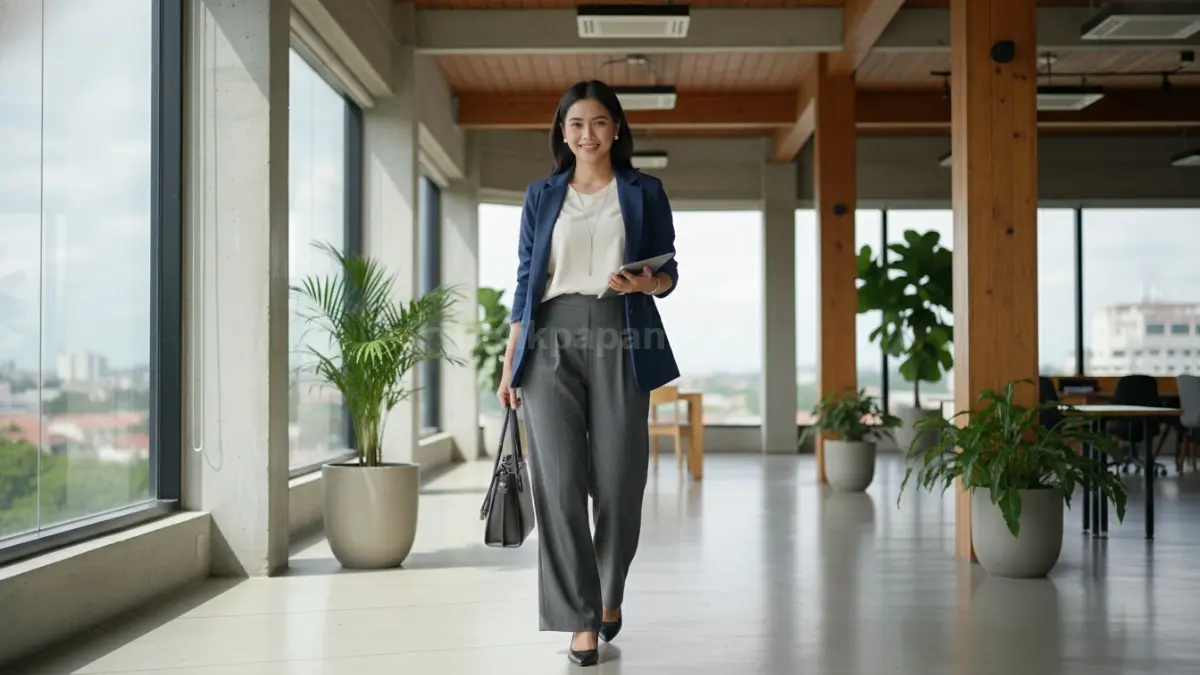 Wide-leg pants pleated tampil rapi, profesional, nyaman, cocok untuk suasana kerja semi formal.  (BTV/AI) 
