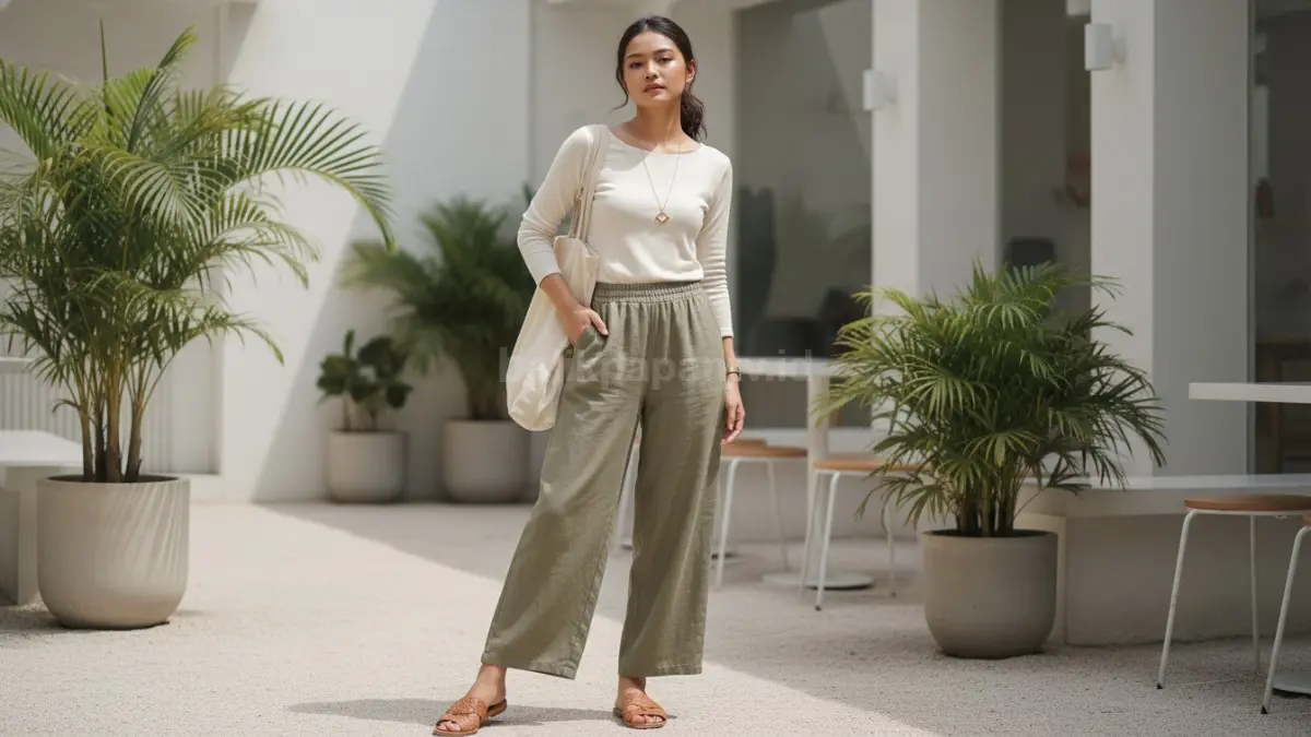 Wide-leg pants wanita modern dengan gaya kasual elegan untuk aktivitas harian yang nyaman.  (BTV/AI) 
