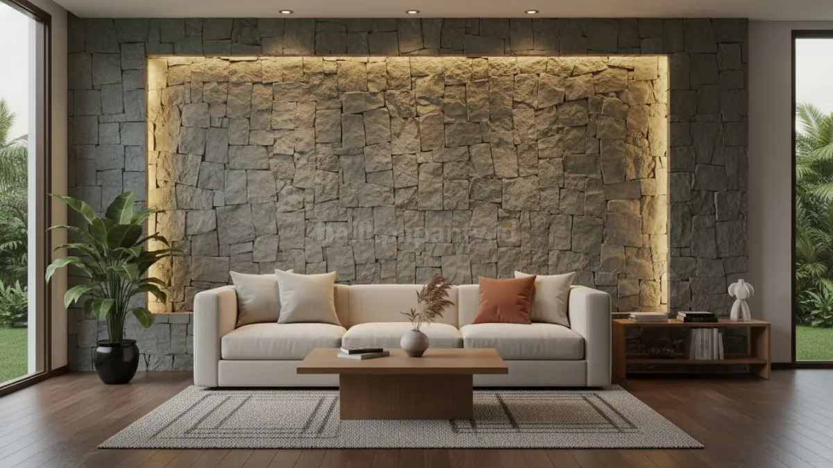 Accent wall bertekstur batu alam dengan pencahayaan hangat yang menjadi fokus utama ruang tamu.(BTV/Ai)