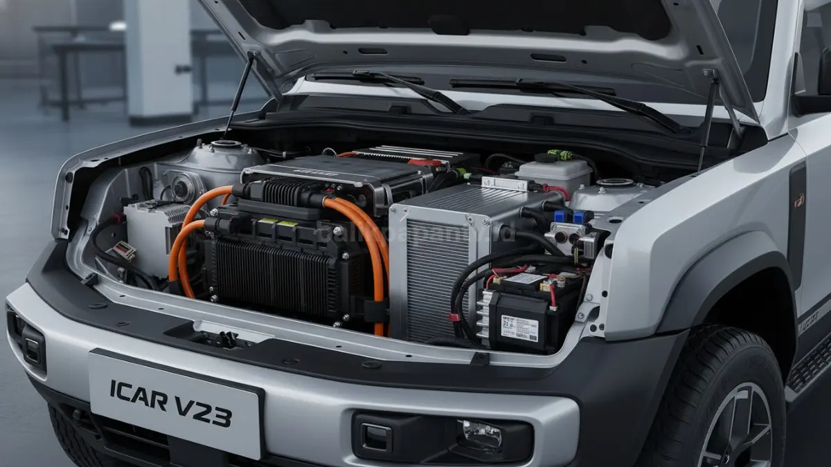 Area kap depan iCar V23 memperlihatkan inverter, controller, dan sistem pendingin baterai. (BTV/Ai)