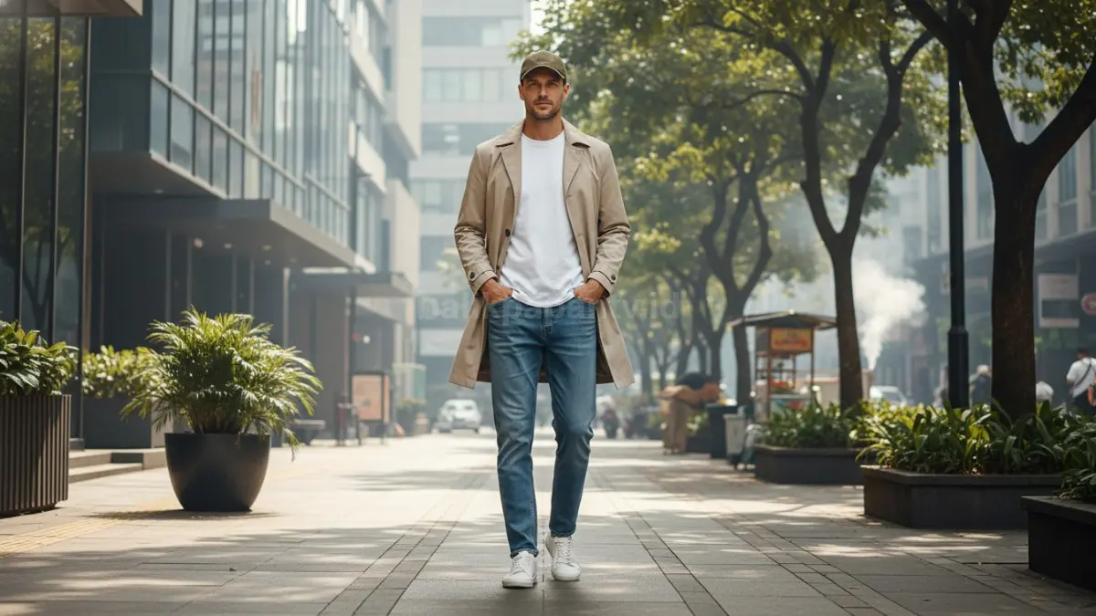Baseball cap earth tone dengan trench coat netral menciptakan tampilan hangat, santai, seimbang, dan modern.  (BTV/AI) 
