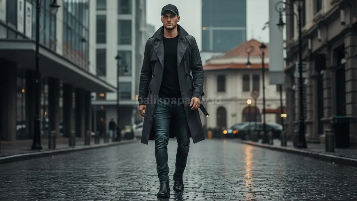 Baseball cap hitam, trench coat gelap, dan jeans menciptakan tampilan monokrom yang elegan modern.  (BTV/AI) 
