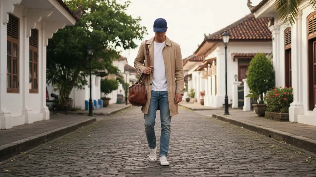 Baseball cap, trench coat, dan jeans favorit menghadirkan gaya nyaman untuk perjalanan akhir pekan.  (BTV/AI) 

