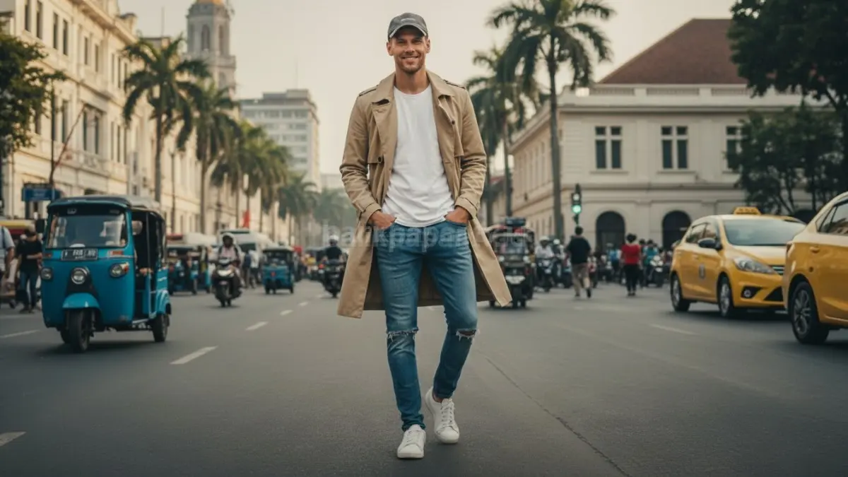 Baseball cap, trench coat, dan jeans menciptakan gaya kasual modern yang mudah diterapkan.  (BTV/AI) 
