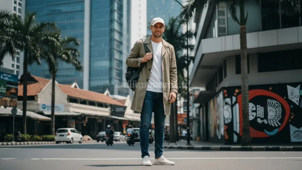 Baseball cap, trench coat, dan jeans menghadirkan gaya santai, rapi, fleksibel, serta modern sepanjang musim.  (BTV/AI) 
