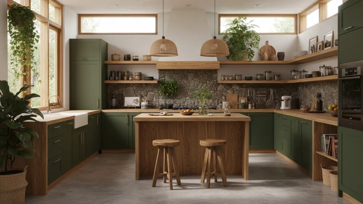 Desain dapur modern dengan kabinet hijau zaitun dan material kayu alami yang menjadi tren dapur 2026.(BTV/Ai)