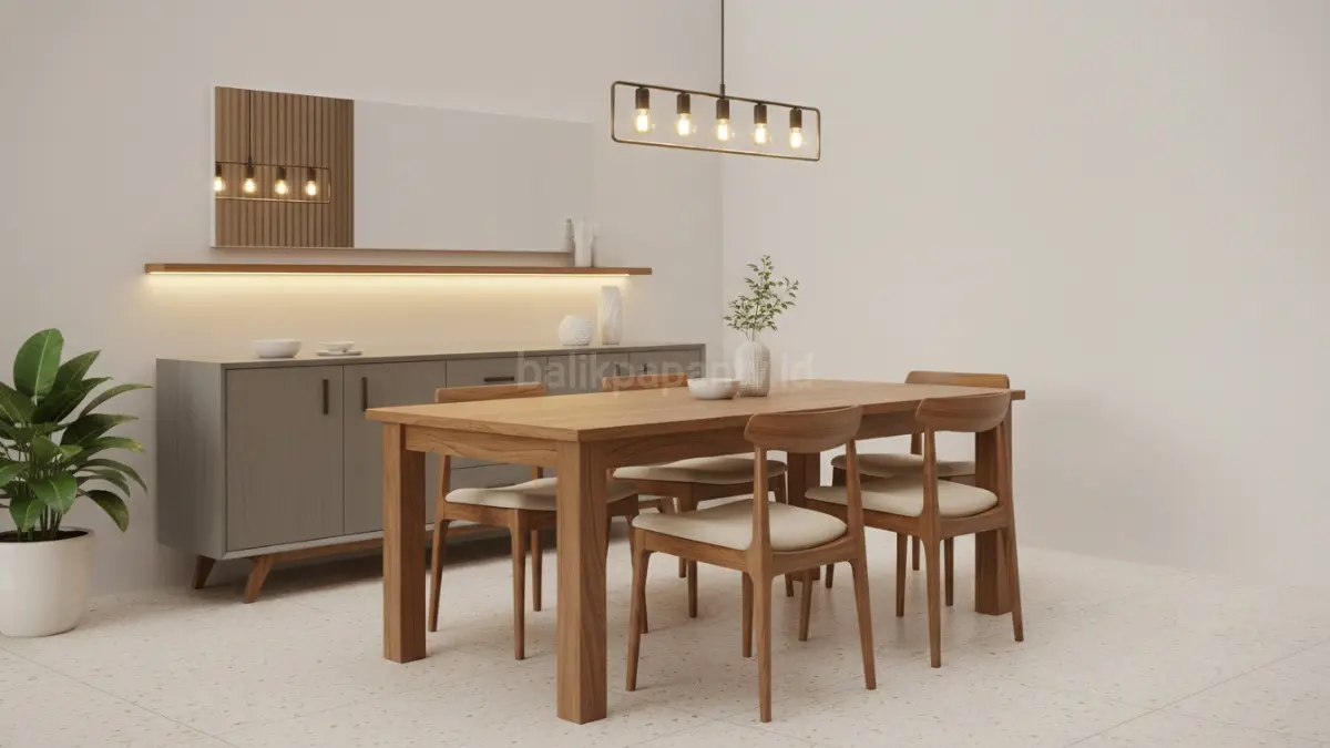 Furnitur kayu solid era 1950–1970 dipadukan LED hangat tampil awet ringan visual berkarakter modern elegan. (BTV/AI)
