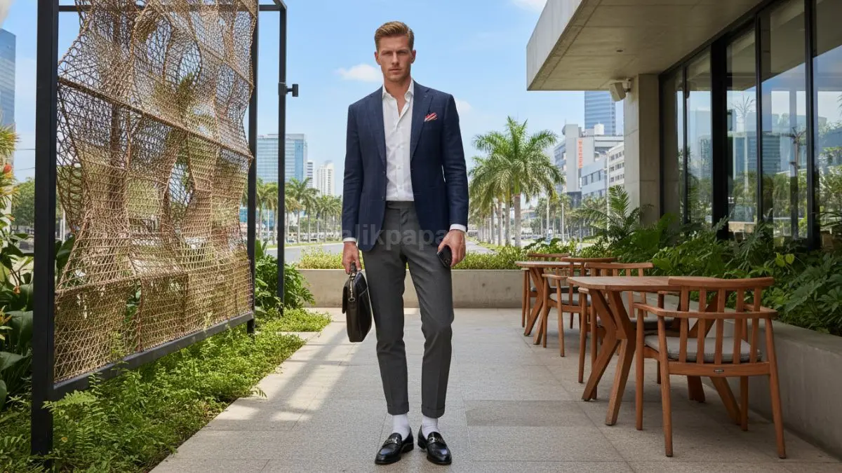 Gaya preppy modern tampil rapi, dengan loafers menonjol berkat aksen kaus kaki putih.  (BTV/AI) 
