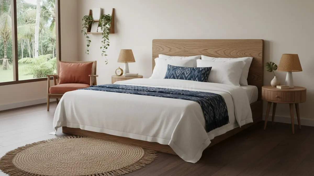 Headboard kayu natural menghadirkan kehangatan elegan sekaligus memperkuat karakter kamar minimalis modern.  (BTV/AI) 

