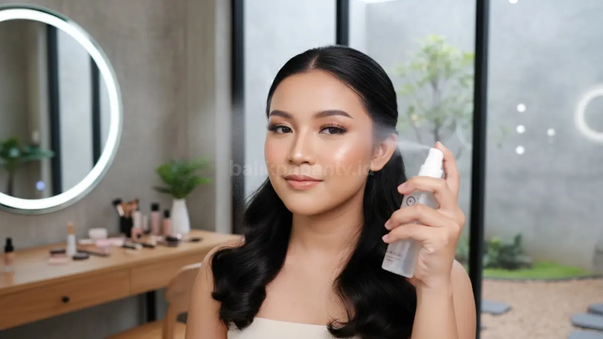 Ilustrasi jarak semprot setting spray yang tepat pada tahap akhir makeup.
