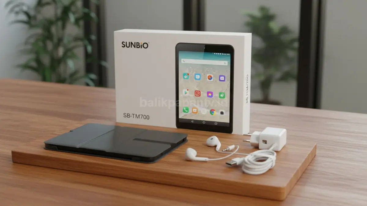 Isi paket penjualan Sunbio SB-TM700 yang mencakup earphone, charger, kabel USB Type-C, dan flip cover. (BTV/Ai)