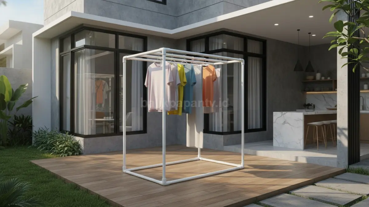 Jemuran DIY dari pipa PVC bekas yang praktis untuk kebutuhan rumah tangga sehari-hari.
