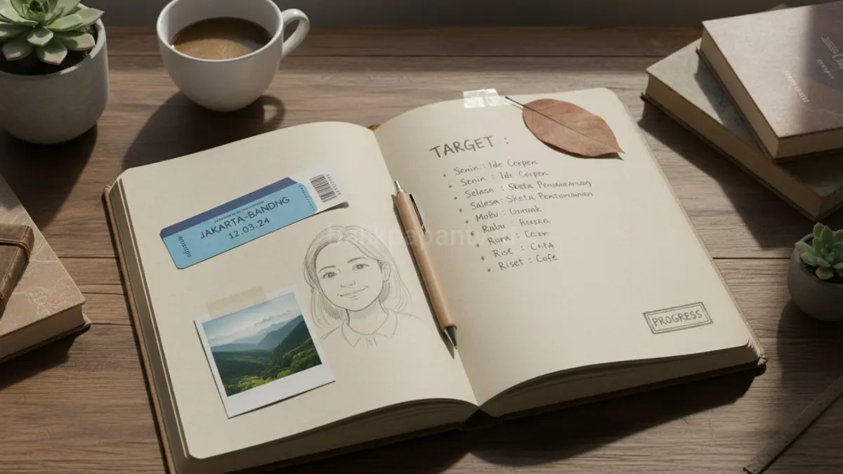 Jurnal kreatif membantu menyimpan ide, refleksi, dan pengalaman hidup dalam bentuk visual yang lebih personal.(BTV/AI) 