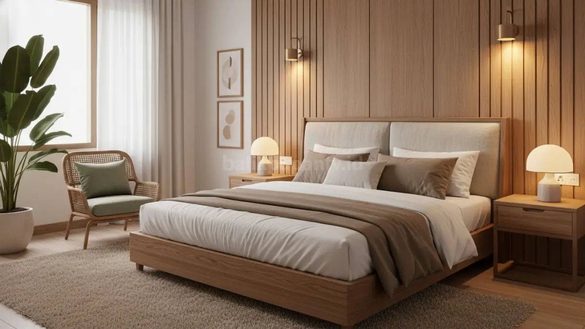 Kamar tidur aesthetic bernuansa hangat dengan headboard besar dan pencahayaan lembut ala hotel premium.(BTV/Ai)