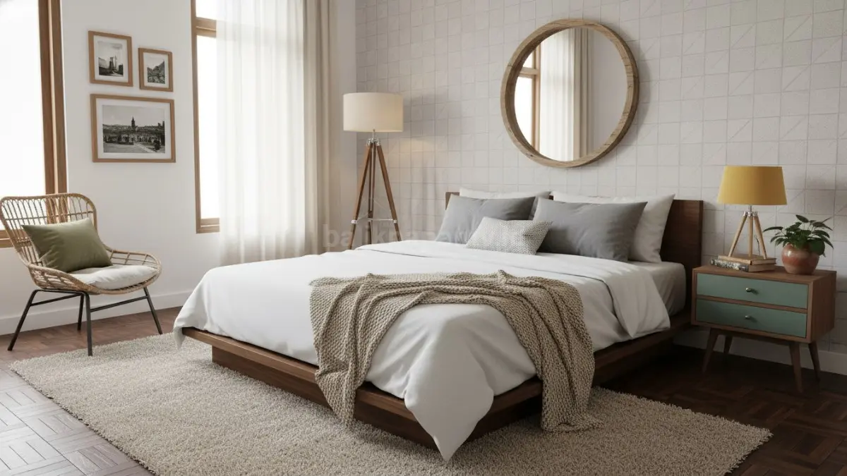 Kamar tidur minimalis modern dengan aksen vintage menciptakan suasana hangat dan fungsional. (BTV/AI) 
