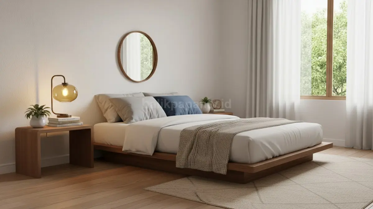 Lampu meja vintage menghadirkan aksen hangat dan elegan pada kamar tidur minimalis modern nyaman.  (BTV/AI) 

