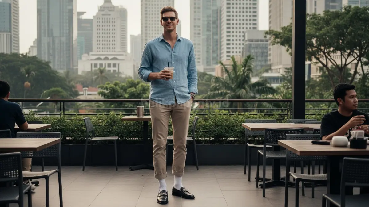 Loafers dan kaus kaki putih cocok untuk kerja, kuliah, nongkrong, maupun perjalanan singkat.  (BTV/AI) 
