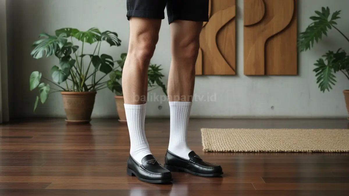 Loafers hitam dan kaus kaki putih menciptakan tampilan minimalis modern yang bersih berkarakter.  (BTV/AI) 
