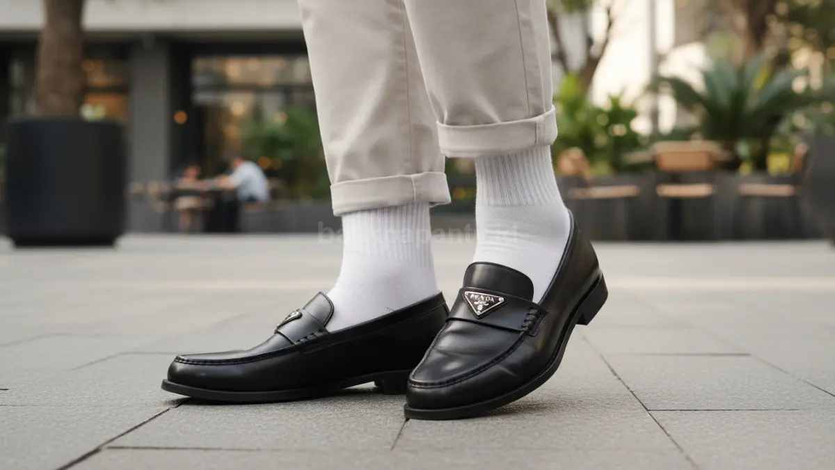 Loafers PRADA dan kaus kaki putih menciptakan identitas visual kuat, sederhana, mudah dikenali.  (BTV/AI) 
