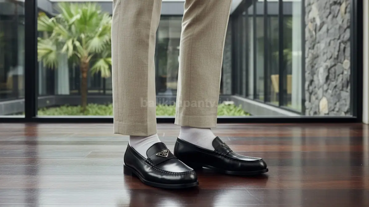 Loafers PRADA dan kaus kaki putih menciptakan tampilan modern yang bersih dan berkarakter.  (BTV/AI) 
