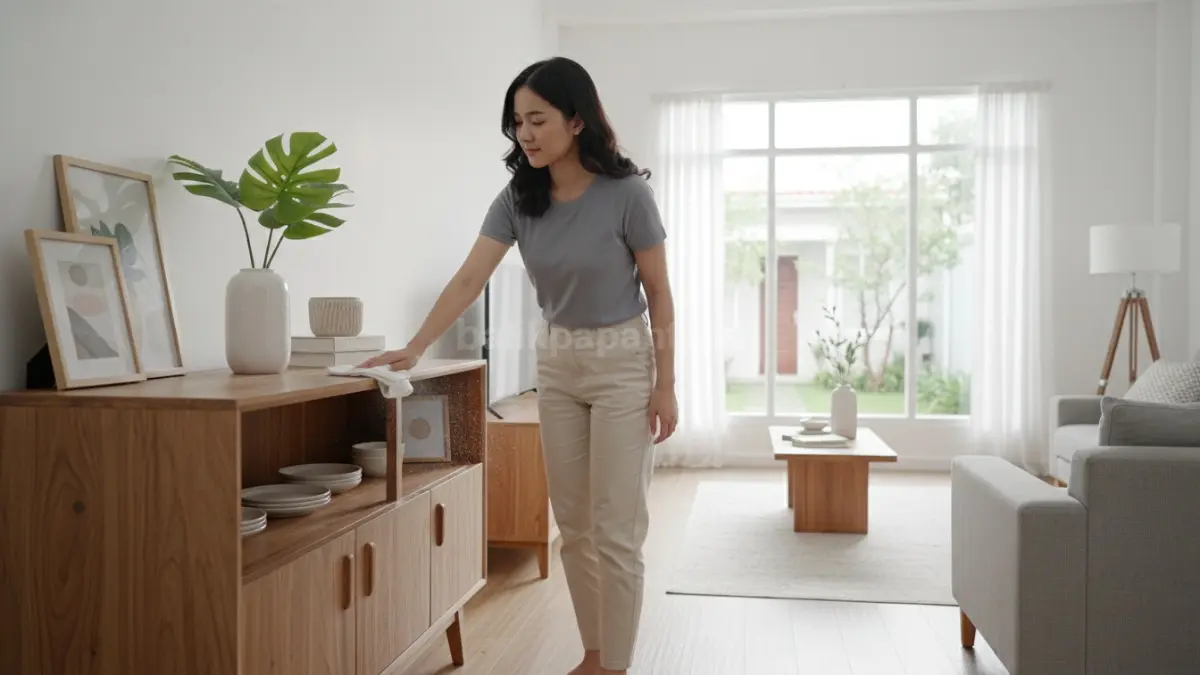 Membersihkan debu pada lemari kayu secara rutin agar kondisi furnitur tetap awet.

