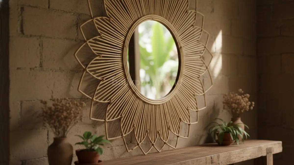 Mirror decor anyaman matahari bambu Rajapolah menciptakan fokus visual kuat dengan nuansa alami hangat. (BTV/AI) 

