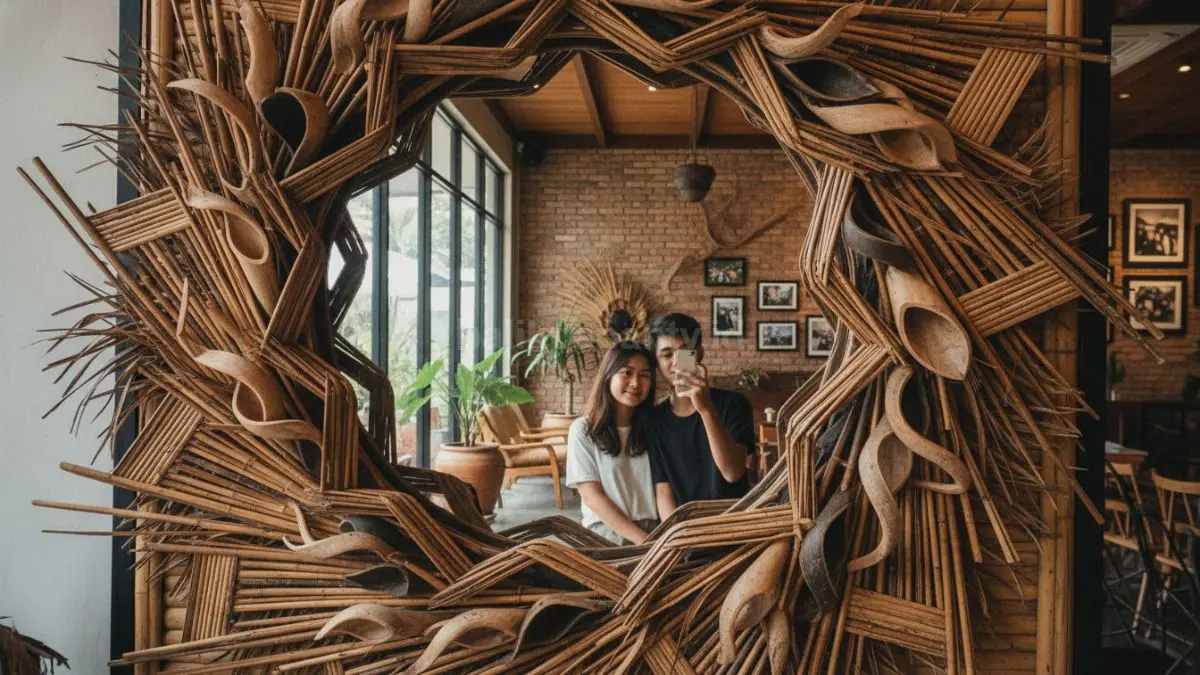 Mirror decor bambu custom memperkuat identitas kafe, menarik perhatian, dan mendukung spot foto.  (BTV/AI) 
