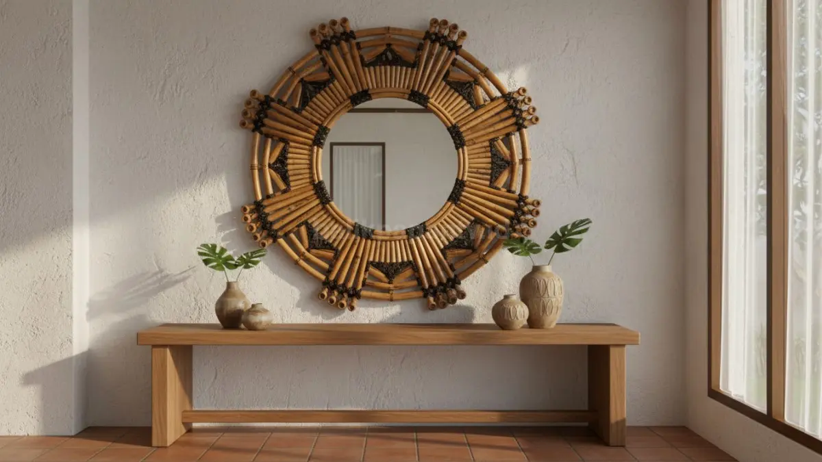 Mirror decor custom bambu Rajapolah memperkuat karakter ruang dengan sentuhan alami yang hangat.  (BTV/AI) 

