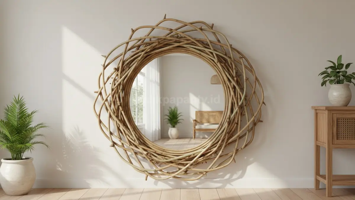 Mirror decor lingkaran organik bambu Rajapolah menghadirkan kesan lembut, ringan, dan harmonis pada ruang. (BTV/AI) 
