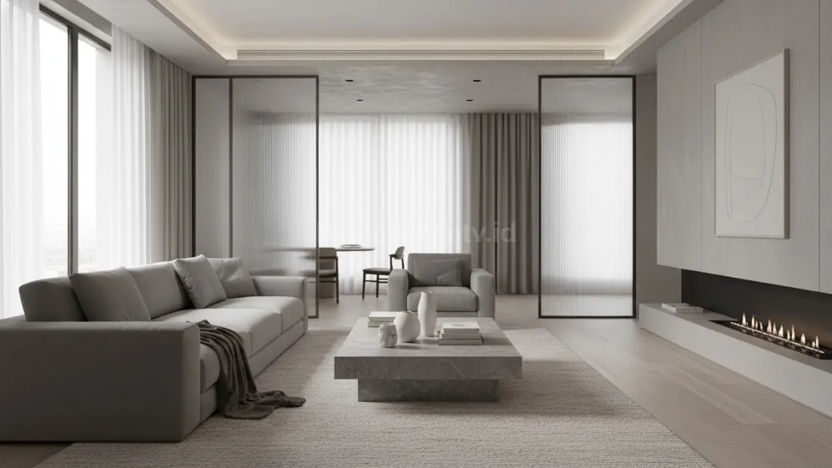 Monochrome Quiet Layering menggunakan gradasi warna senada dan tekstur halus untuk menciptakan ruang yang rapi, tenang, dan modern. (BTV/Ai)
