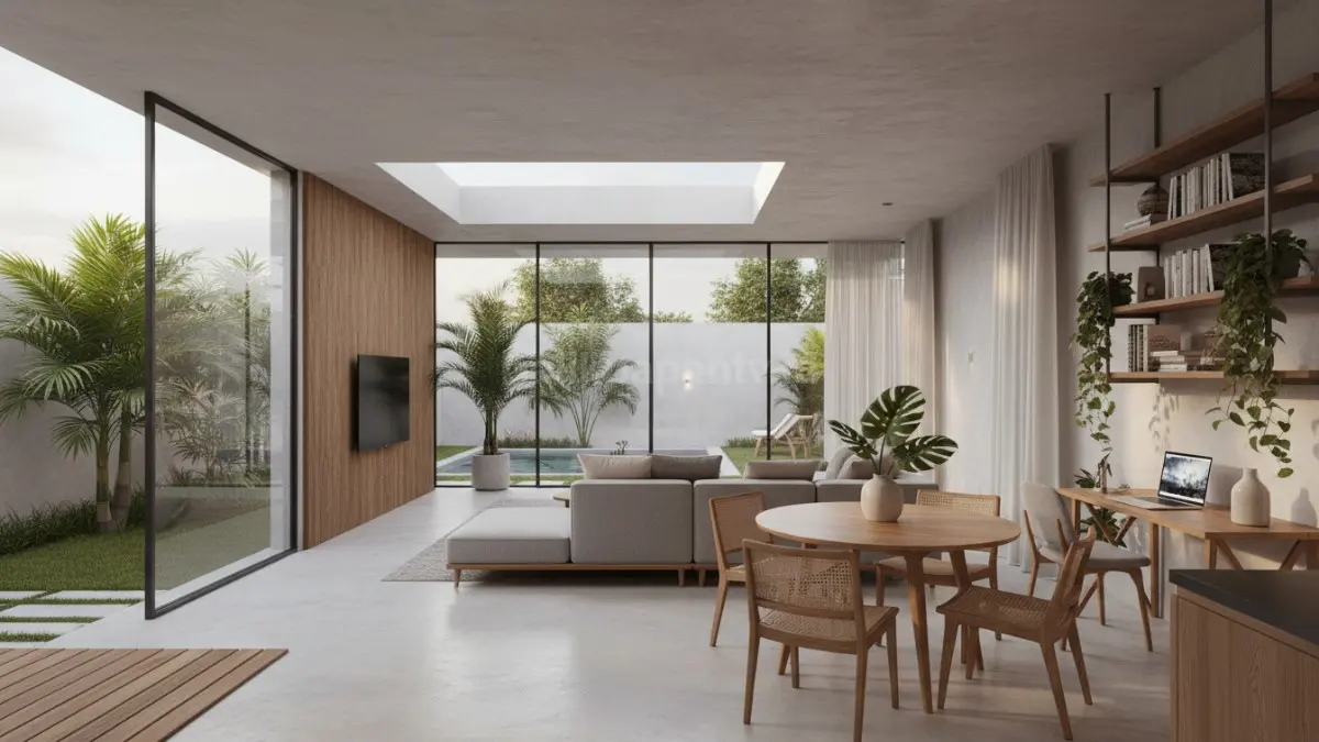 Open space rumah modern dengan ruang tamu, dapur, dan ruang makan menyatu. (BTV/Ai)
