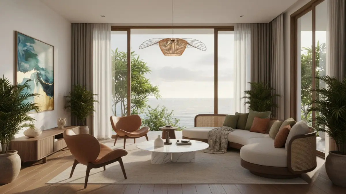 Organic Luxury Flow memadukan bentuk organik dan material premium, menghadirkan ruang yang elegan, lembut, dan terasa hidup. (BTV/Ai)