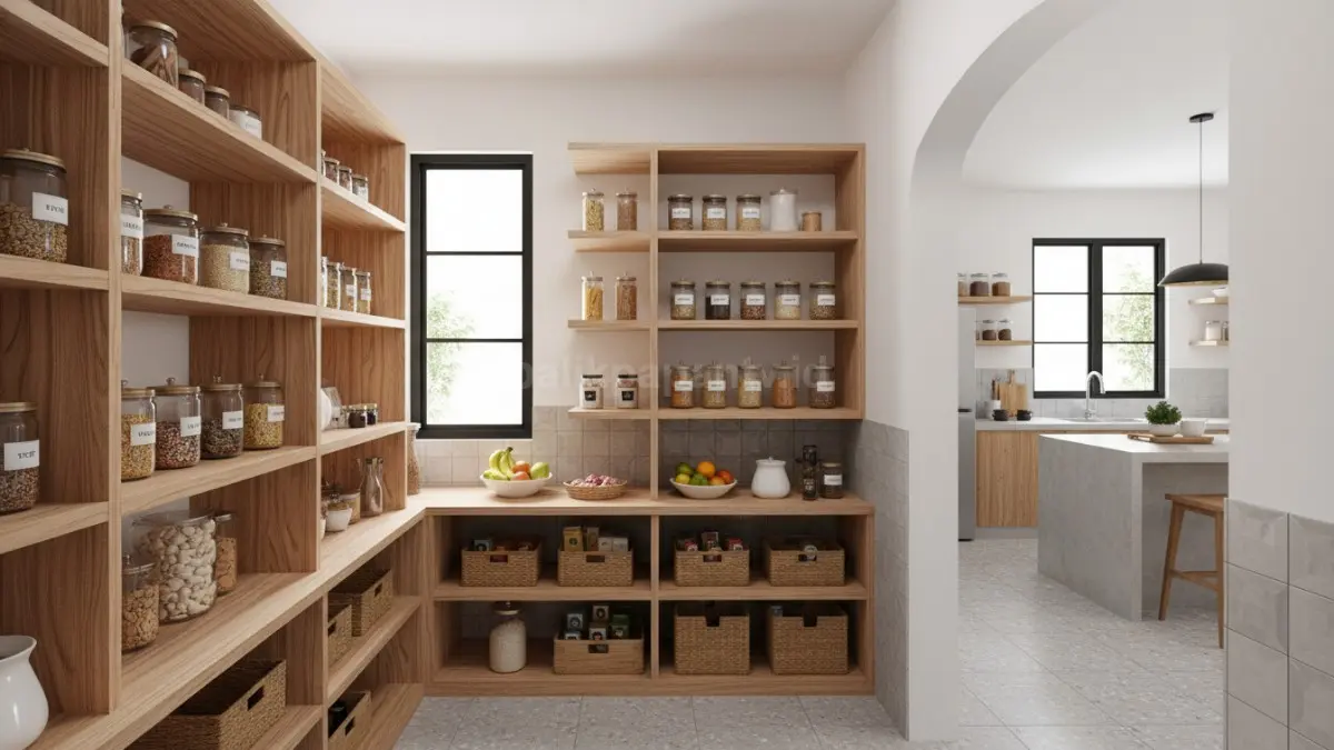 Pantry dengan rak terbuka bertingkat yang memudahkan penyimpanan dan akses bahan makanan. (BTV/Ai)