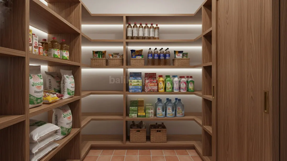 Pantry khusus belanja bulanan dengan rak kuat untuk menyimpan kebutuhan dalam jumlah besar. (BTV/Ai)