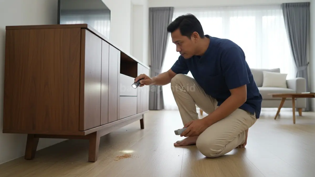 Pemeriksaan bagian bawah lemari kayu untuk mendeteksi tanda awal serangan rayap.
