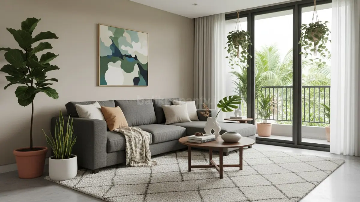 Penataan sofa, karpet, dan tanaman hias untuk menciptakan ruang tamu yang harmonis.
