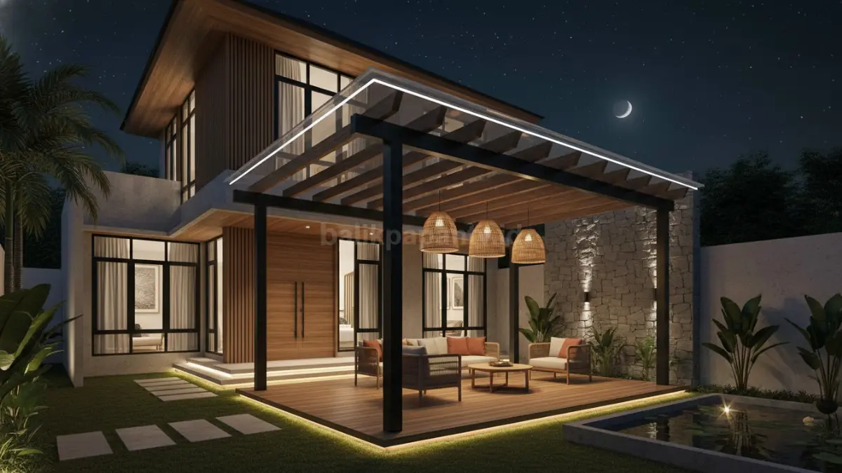Pencahayaan hangat pada pergola modern menghadirkan suasana malam yang nyaman, estetik, dan penuh kehangatan. (BTV/Ai)