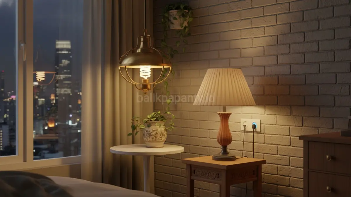 Pencahayaan retro berpadu bohlam hemat energi memberi efek visual kuat tanpa memakan ruang apartemen kecil. (BTV/AI)
