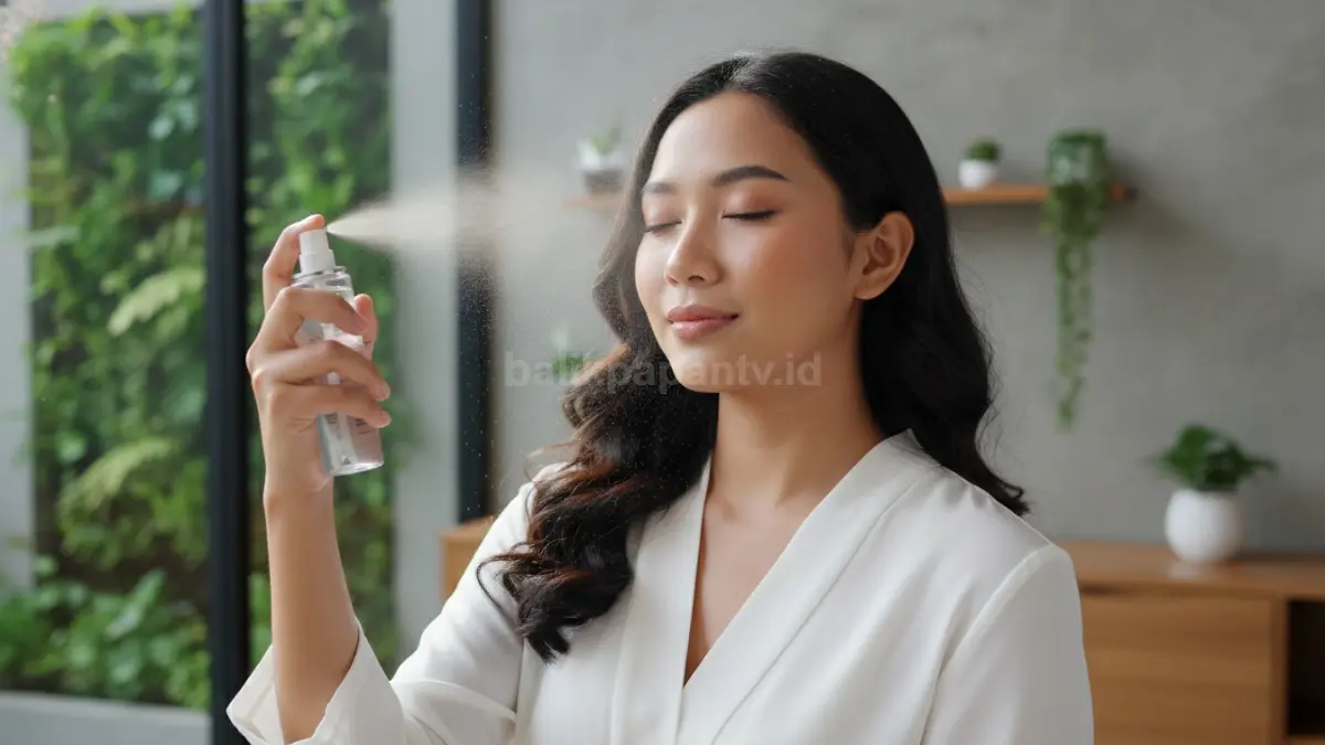 Pengguna makeup menyemprotkan setting spray secara merata untuk hasil riasan yang lebih rapi dan natural.
