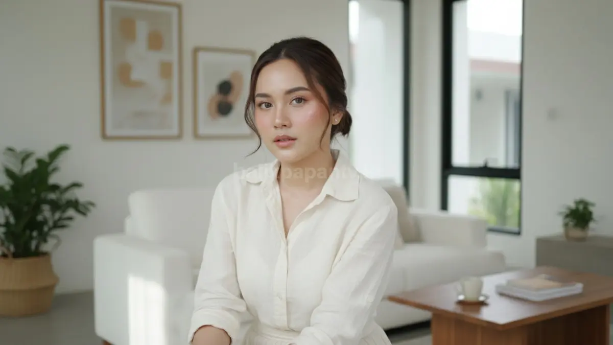 Perempuan dengan makeup glowy skin natural yang menampilkan wajah segar dan bercahaya untuk aktivitas sehari-hari.
