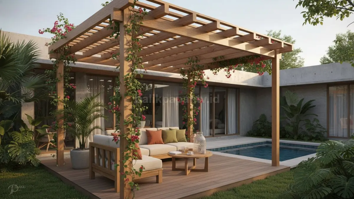 Pergola kayu minimalis menghadirkan suasana hangat dan nyaman sekaligus mempercantik area outdoor rumah modern. (BTV/Ai)